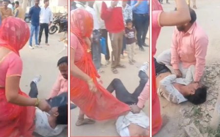 अलीगढ़ में मनचले की सरेआम पिटाई… 35 सेकंड में महिला ने बरसाईं 37 चप्पलें, थाने के बाहर मचा हंगामा