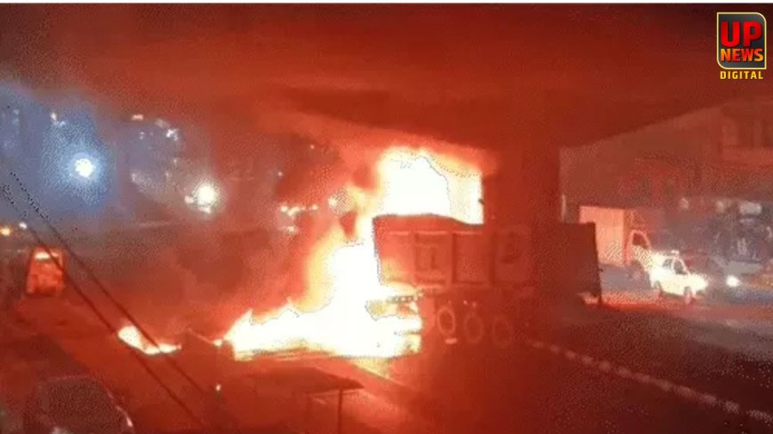 लखनऊ में डंपर का टायर फटने से बड़ा हादसा, पिलर से टकराकर लगी आग, चालक गंभीर